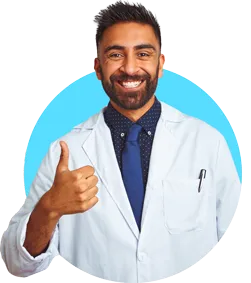 Indian medical doctor giving a thumbs up because he likes Oh Hold Marketing results